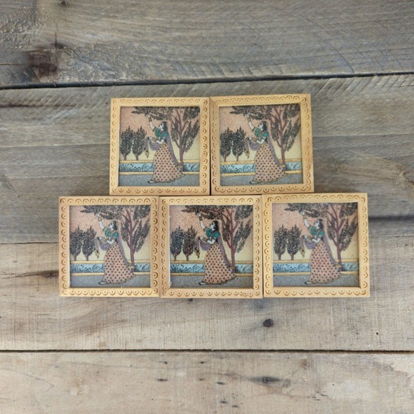 Vintage Set of Five Rajasthan Wood and Glass Coasters - Picture 6 of 11